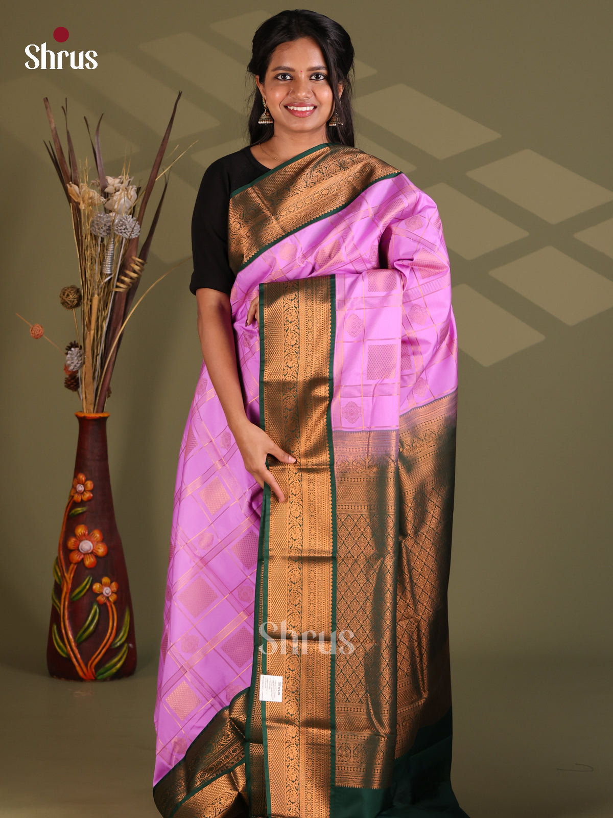 Purple & Dark Green - Semi Kanchipuram Saree - Shop on Shrus.com