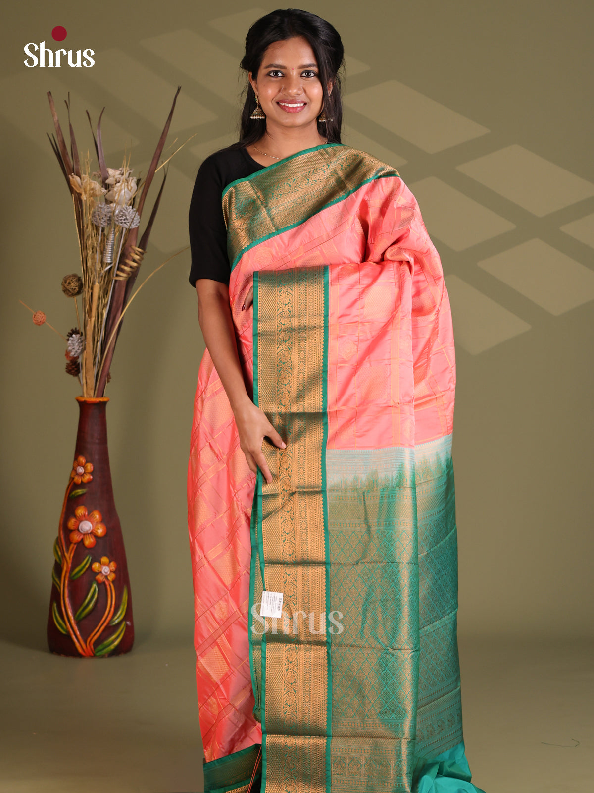 Pink & Green - Semi Kanchipuram Saree - Shop on Shrus.com