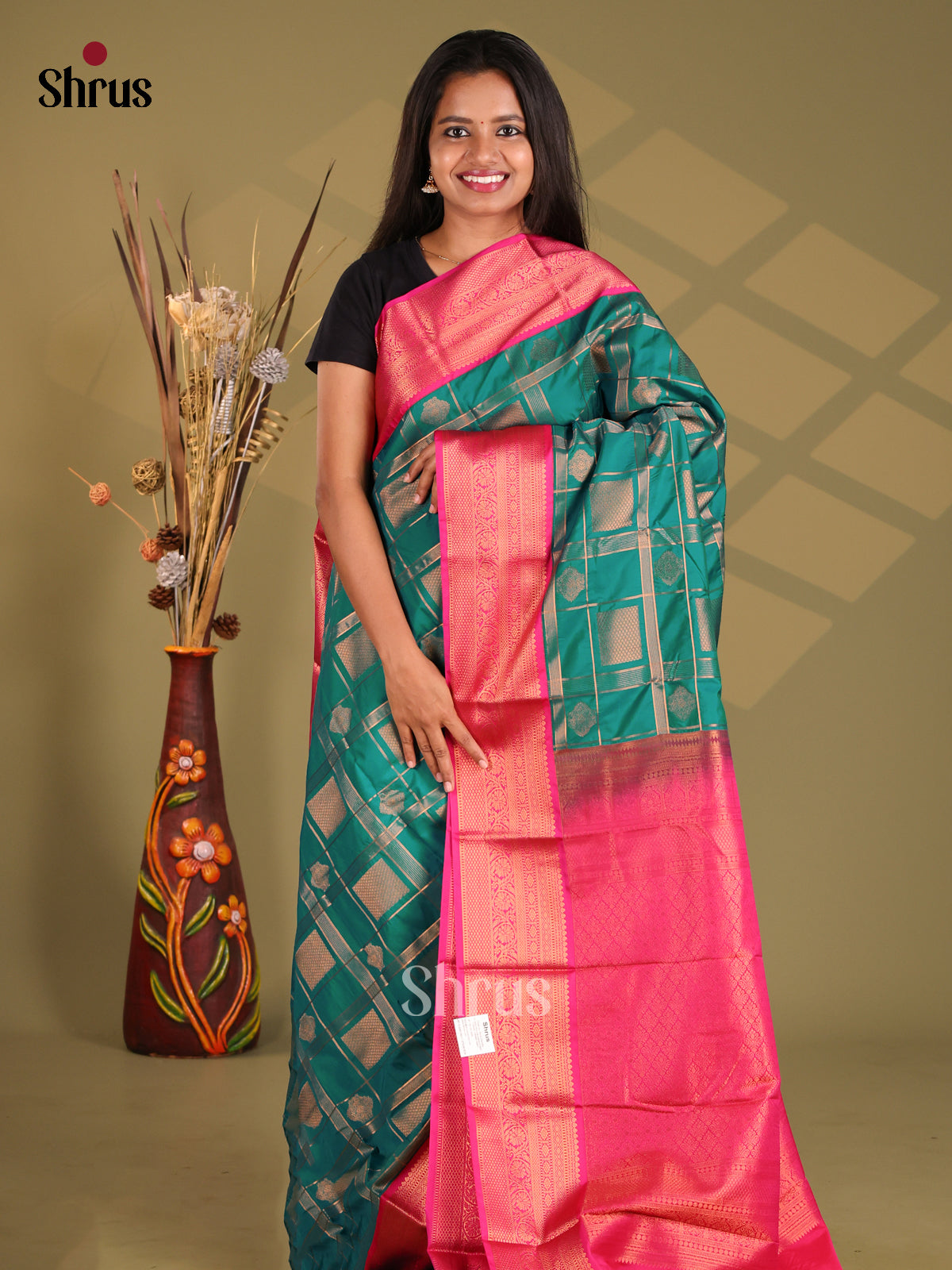 Green & Pink - Semi Kanchipuram Saree - Shop on Shrus.com