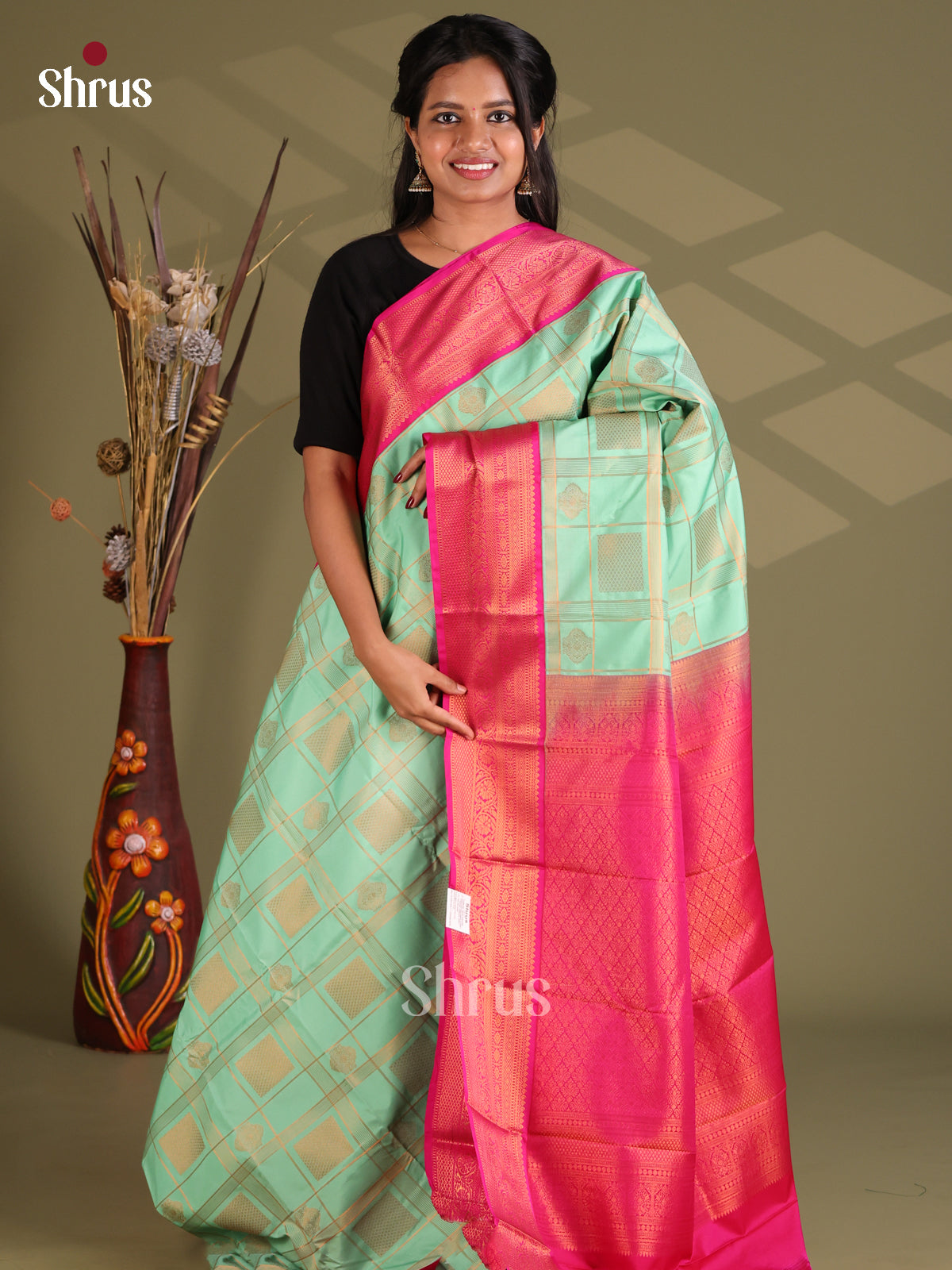 Teal Green & Pink- Semi Kanchipuram Saree - Shop on Shrus.com