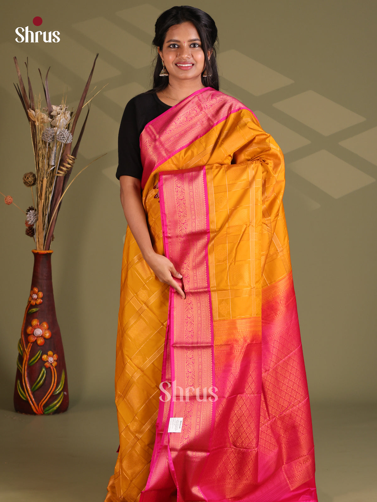 Mustard & Pink - Semi Kanchipuram Saree - Shop on Shrus.com