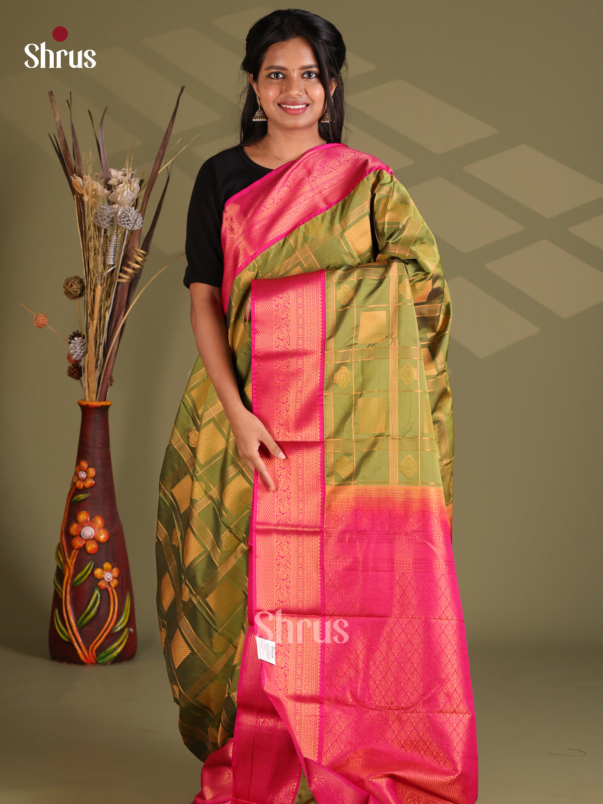 Green & Pink - Semi Kanchipuram Saree - Shop on Shrus.com
