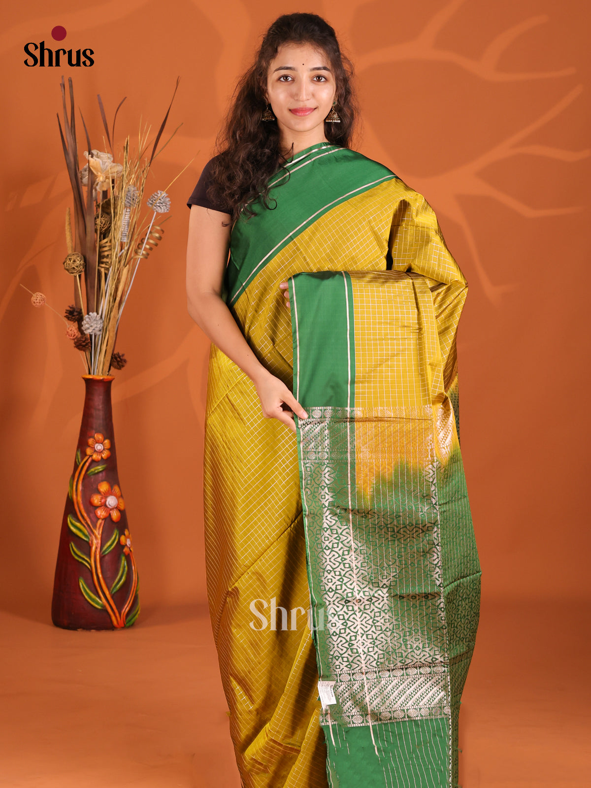 Mustardy Green & Green- Semi Softsilk Saree - Shop on Shrus.com