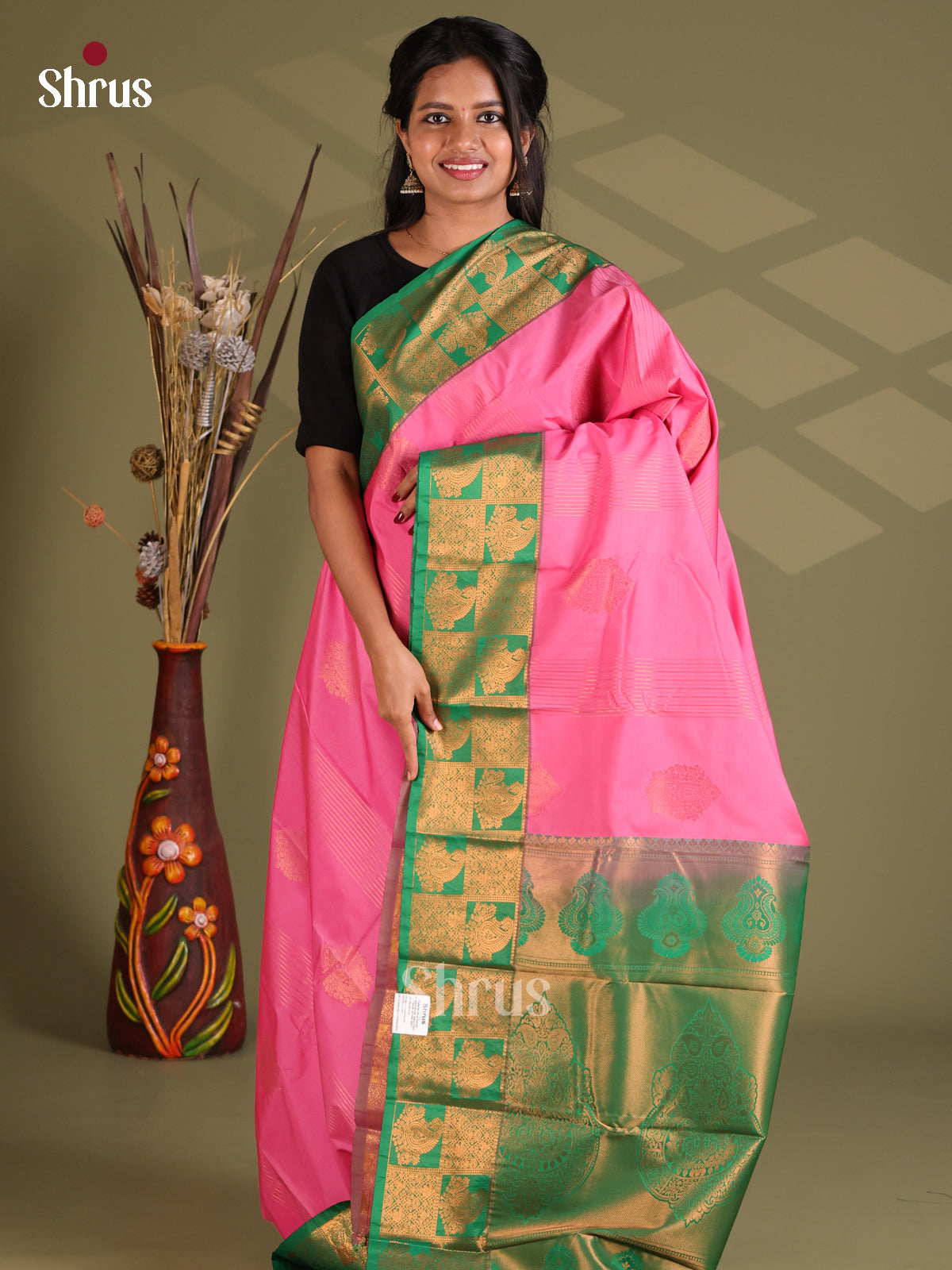 Pink & Green - Semi Kanchipuram Saree - Shop on Shrus.com