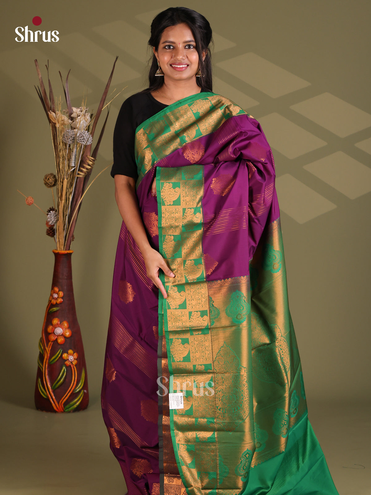 Purple & Green - Semi Kanchipuram Saree - Shop on Shrus.com