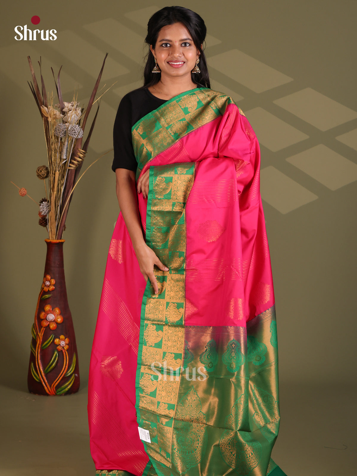 Pink & green - Semi Kanchipuram Saree - Shop on Shrus.com