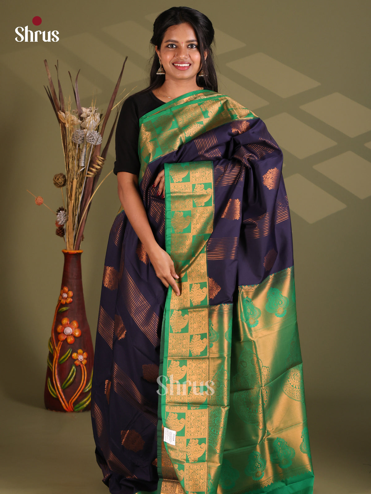 Blue & Green - Semi Kanchipuram Saree - Shop on Shrus.com
