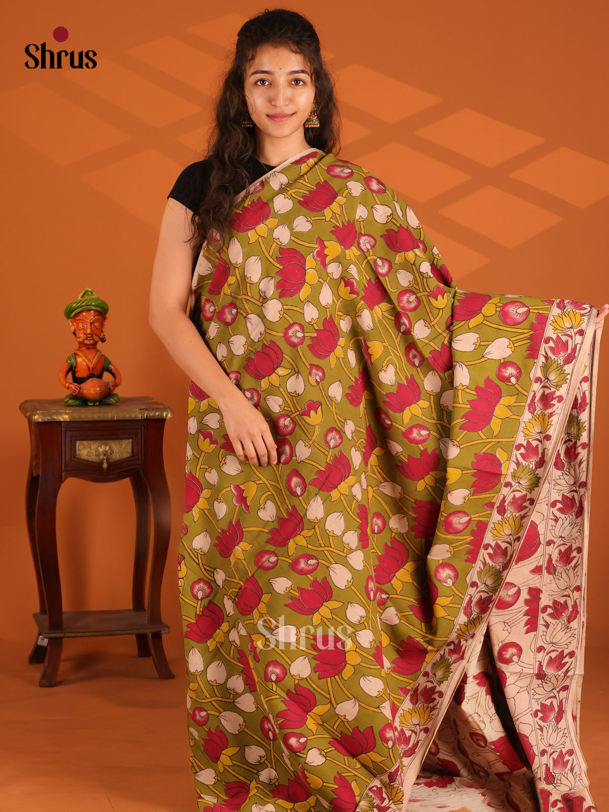 Green & Red- Kalamkari cotton saree - Shop on Shrus.com