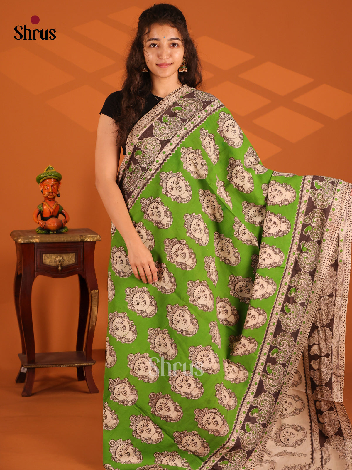Green & Black - Kalamkari cotton saree - Shop on Shrus.com