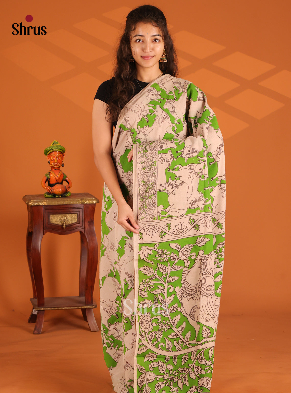Lite Green & Cream - Kalamkari cotton saree - Shop on Shrus.com