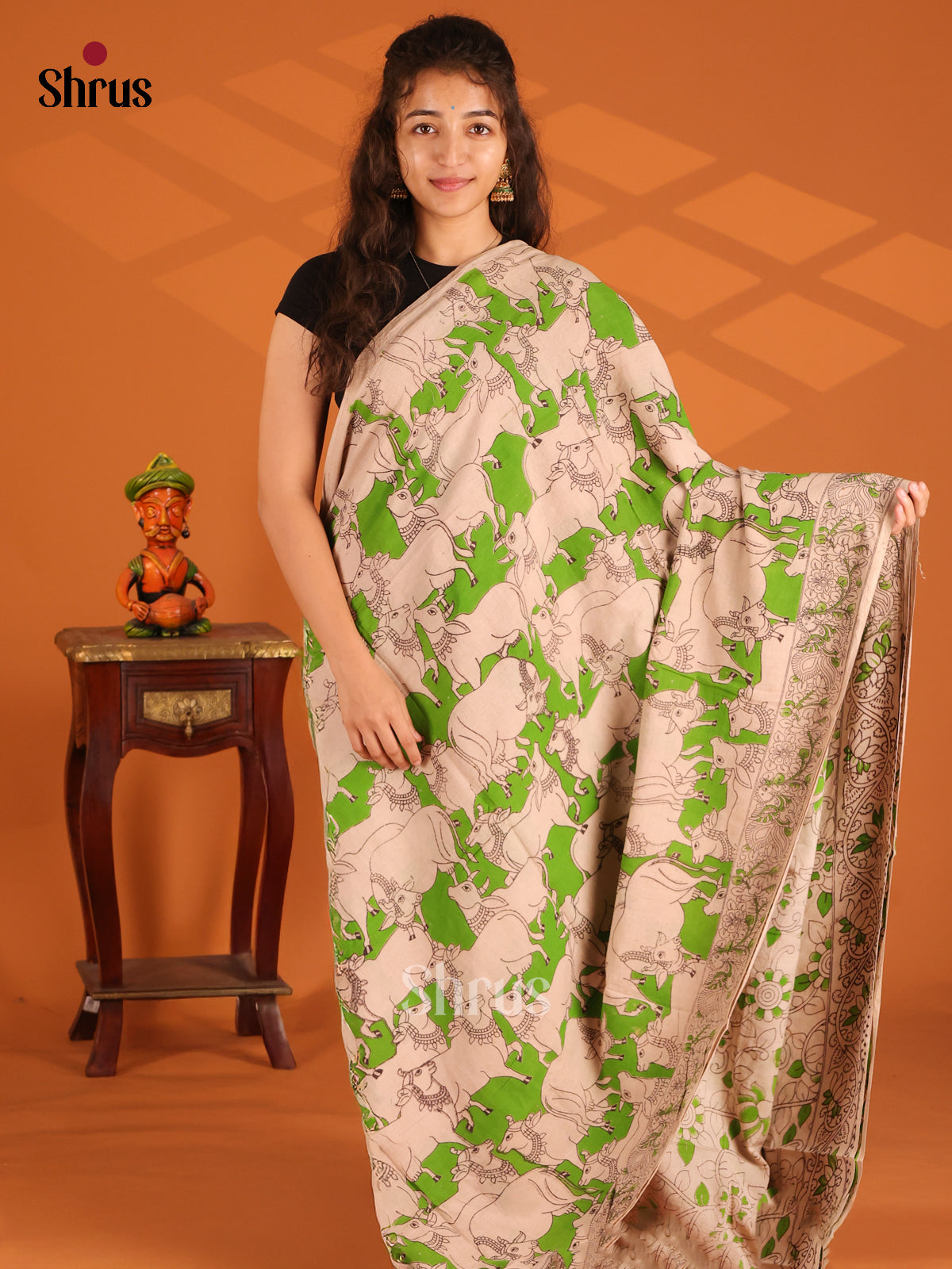 Lite Green & Cream - Kalamkari cotton saree - Shop on Shrus.com