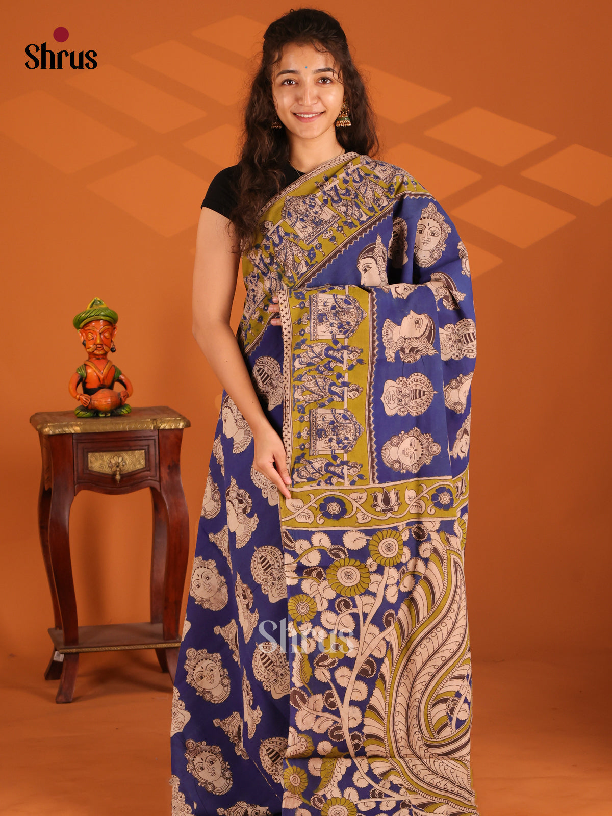 Blue & Green - Kalamkari cotton saree - Shop on Shrus.com