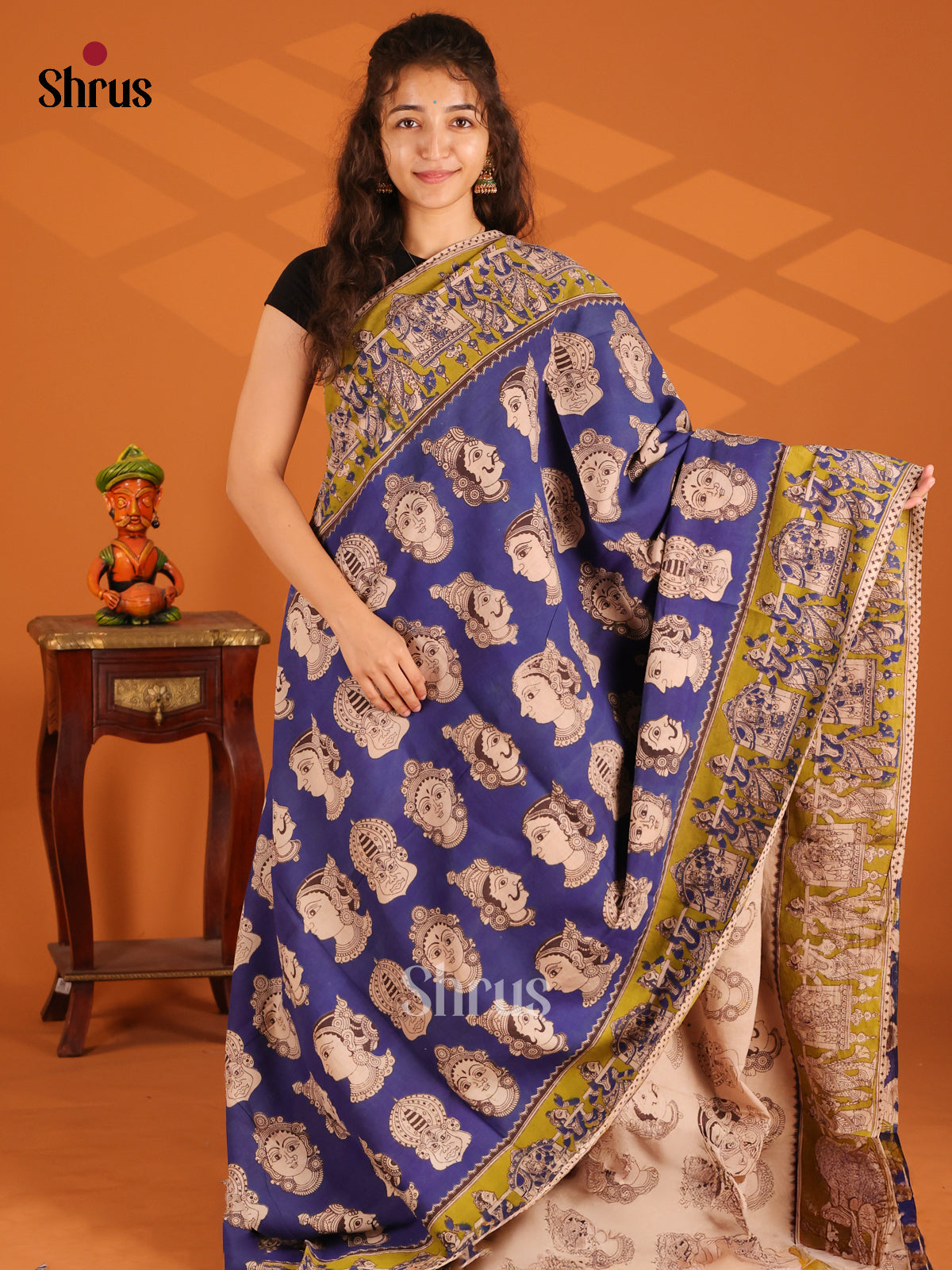Blue & Green - Kalamkari cotton saree - Shop on Shrus.com