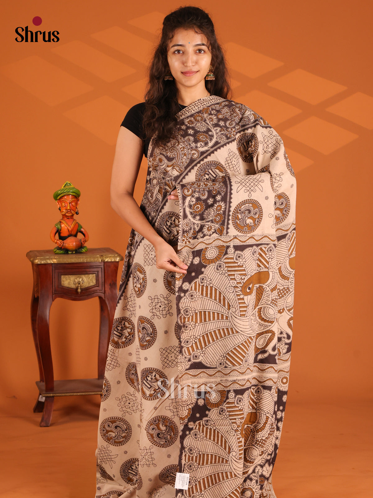 Cream & Black - Kalamkari cotton saree - Shop on Shrus.com