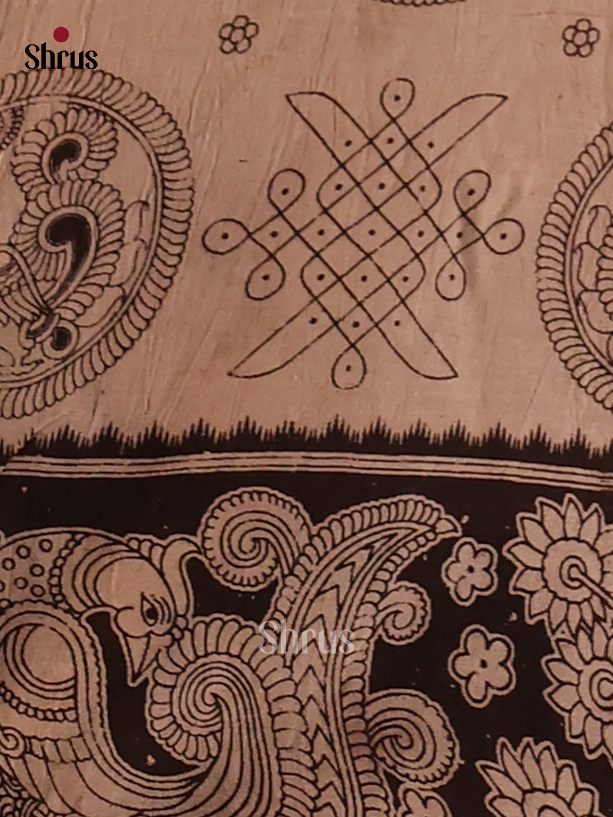 Cream & Black - Kalamkari cotton saree - Shop on Shrus.com