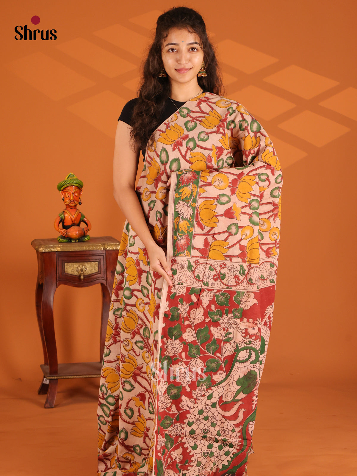Cream & Red - Kalamkari cotton saree - Shop on Shrus.com