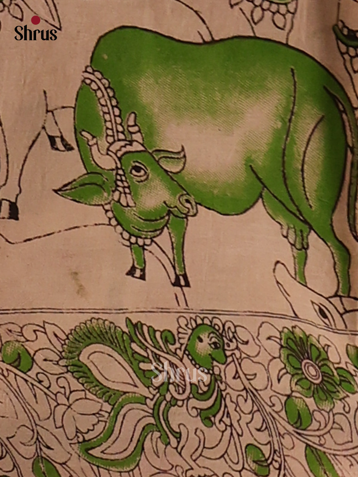 Cream & Green - Kalamkari cotton saree - Shop on Shrus.com