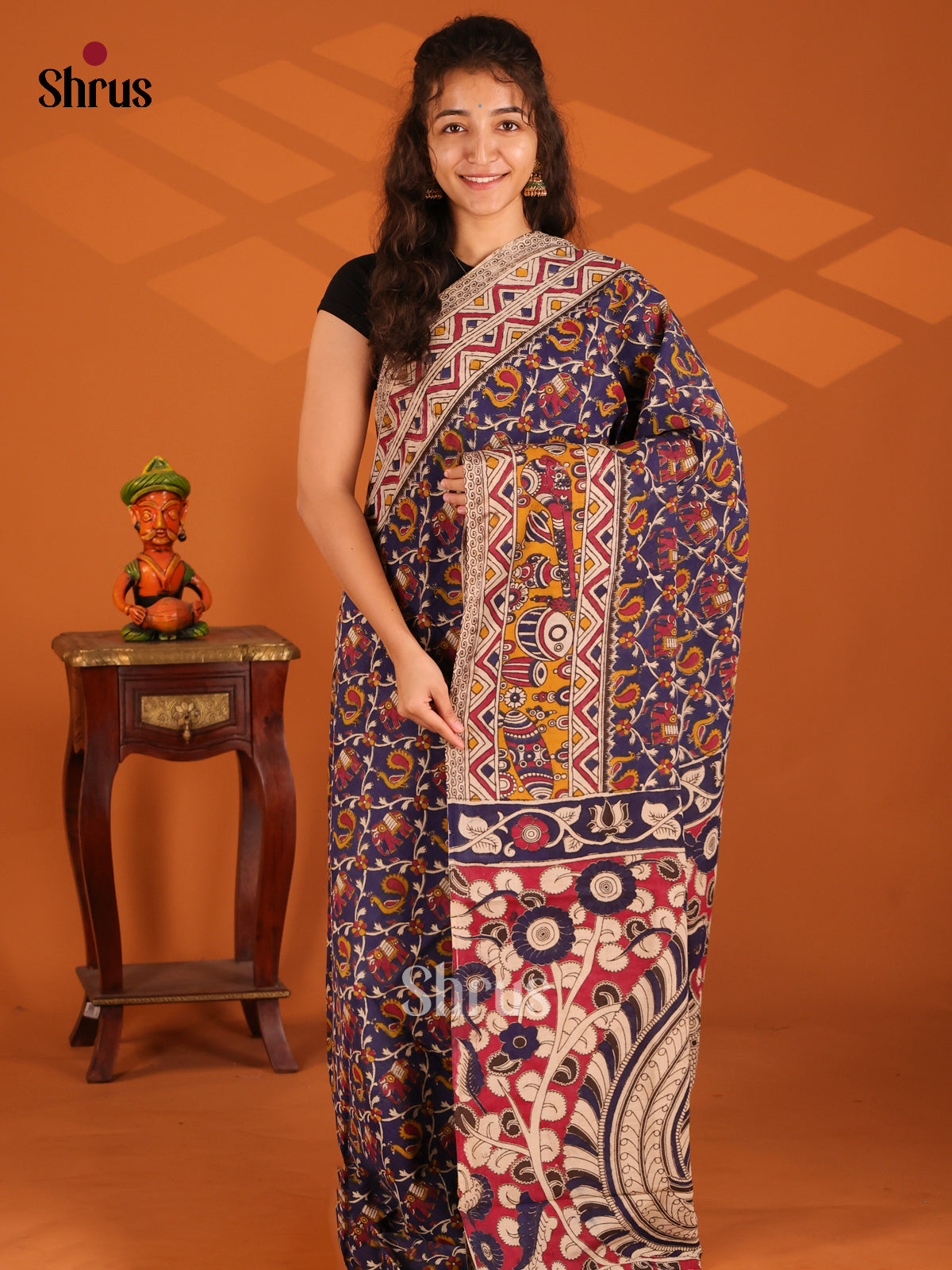 Blue & Mustard - Kalamkari cotton saree - Shop on Shrus.com