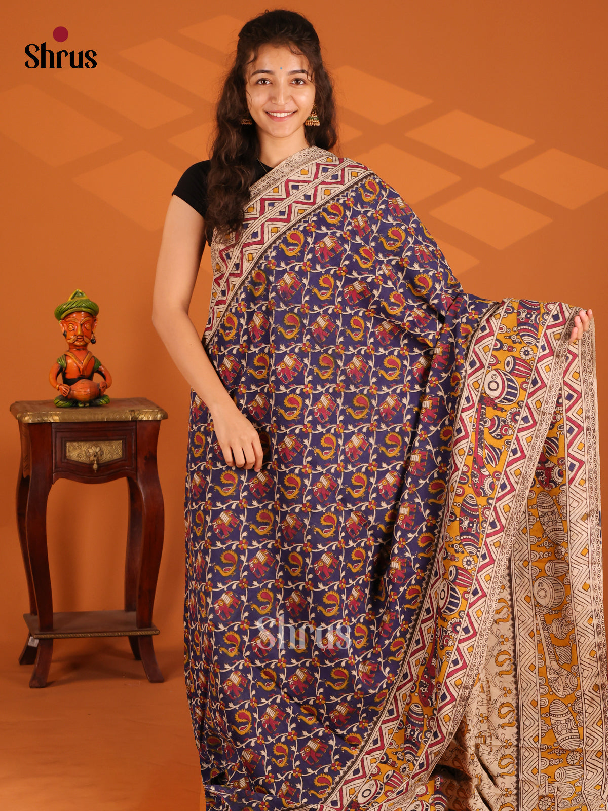 Blue & Mustard - Kalamkari cotton saree - Shop on Shrus.com