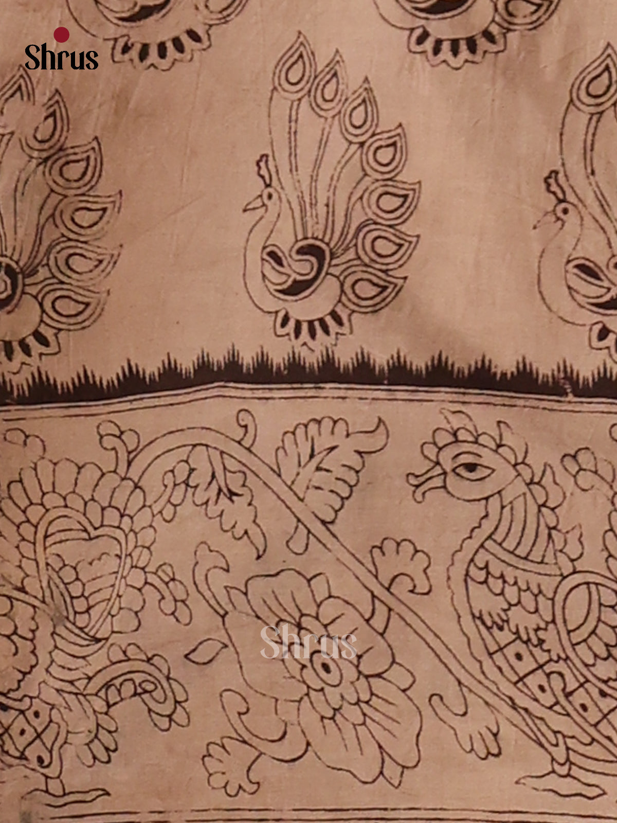 Cream & Black - Kalamkari cotton saree - Shop on Shrus.com