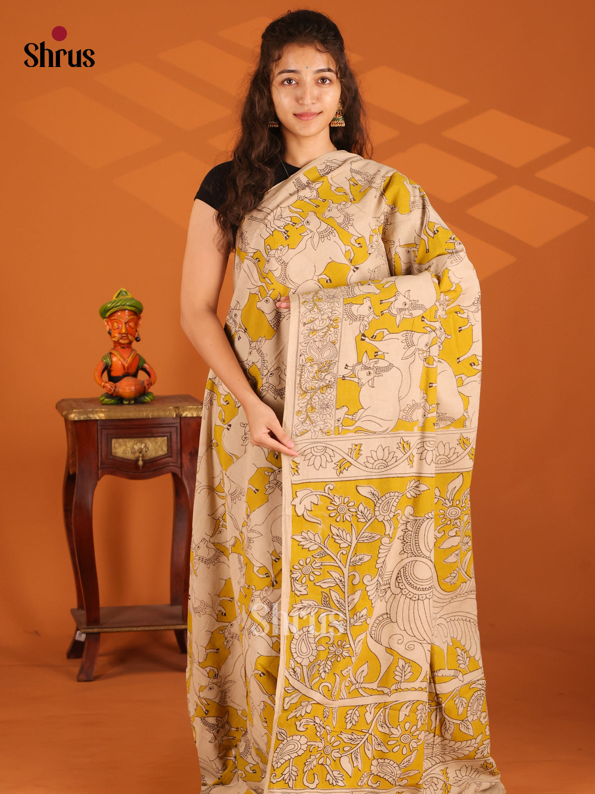 Yellow & Cream - Kalamkari cotton saree - Shop on Shrus.com