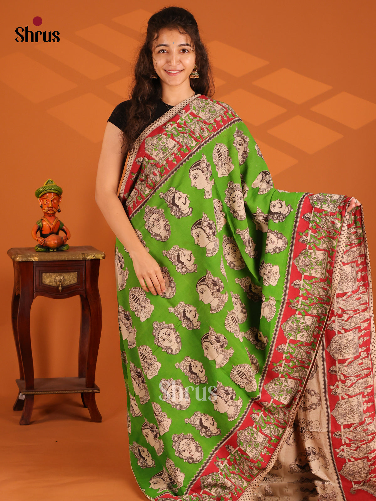 Lite Green & Red - Kalamkari cotton saree - Shop on Shrus.com