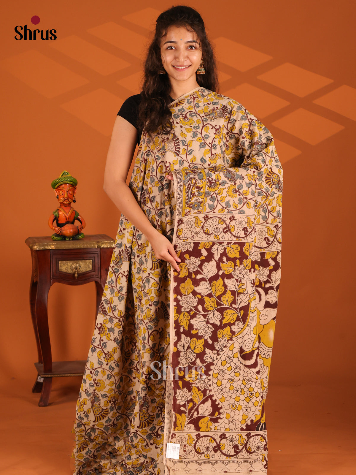 Cream & Yellow - Kalamkari cotton saree - Shop on Shrus.com