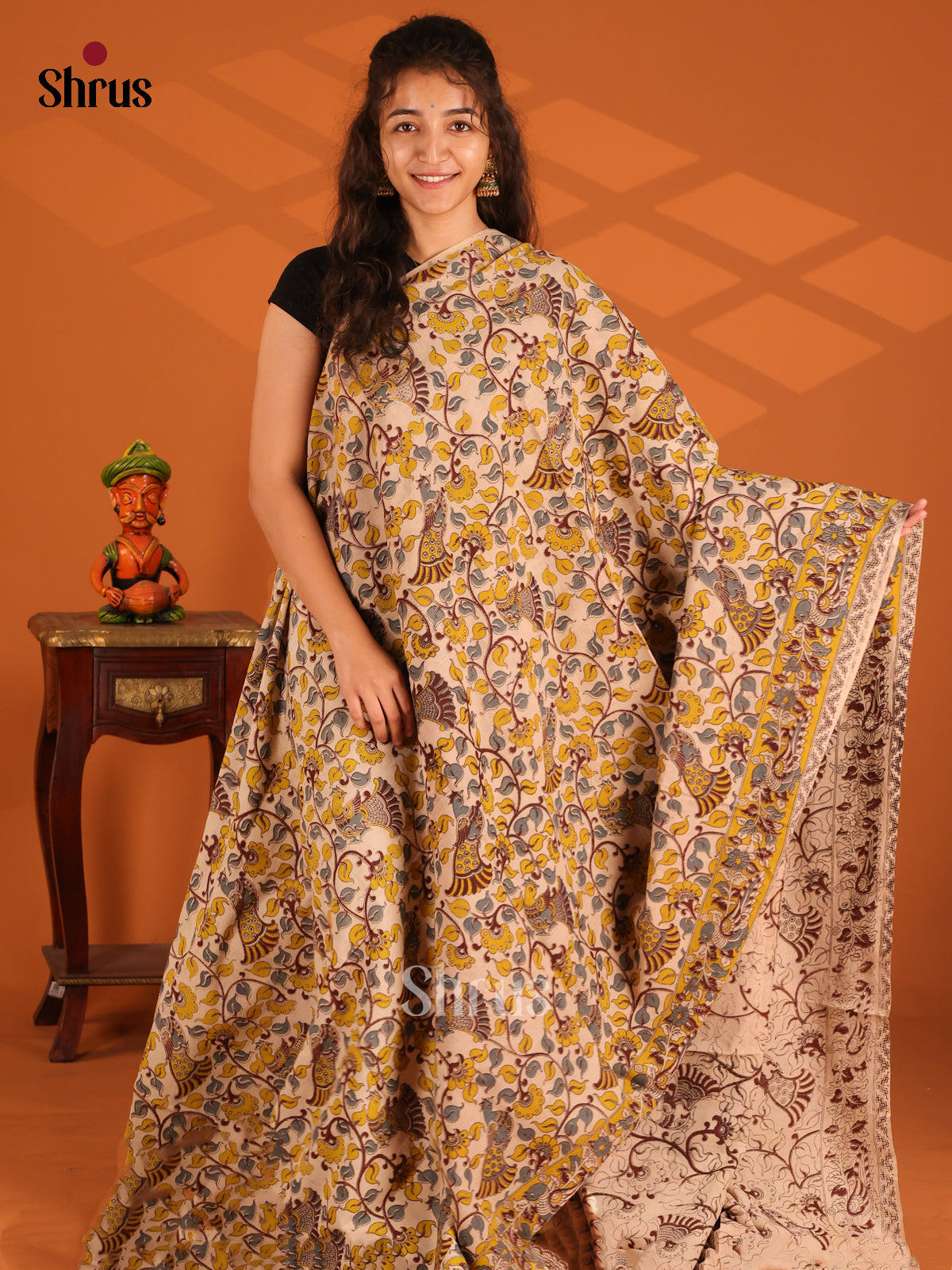 Cream & Yellow - Kalamkari cotton saree - Shop on Shrus.com