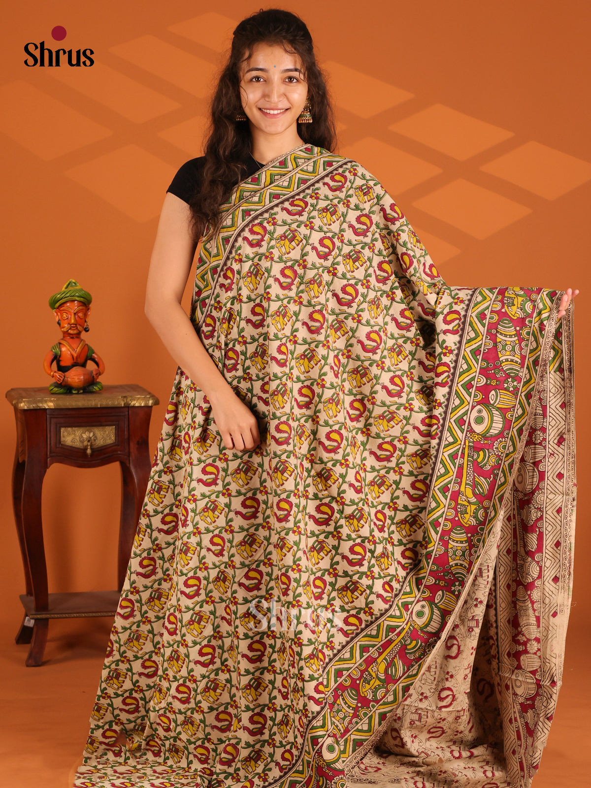 Cream & Green - Kalamkari cotton saree - Shop on Shrus.com