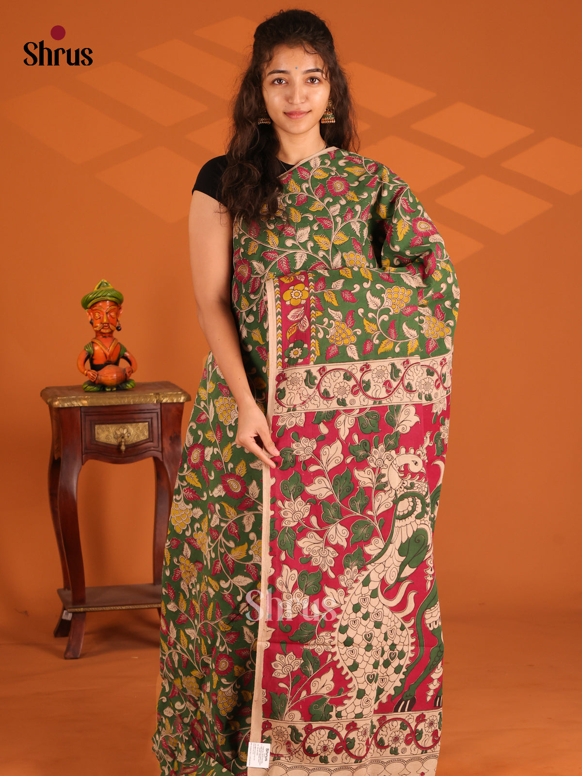 Green & Cream - Kalamkari cotton saree - Shop on Shrus.com