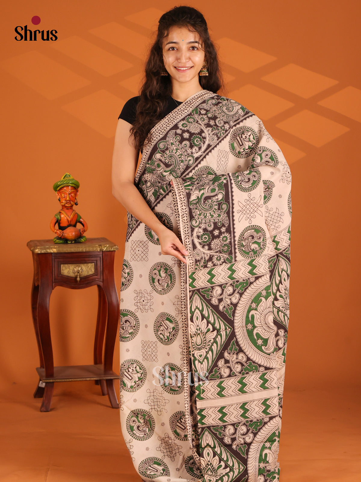 Cream & Black - Kalamkari cotton saree - Shop on Shrus.com