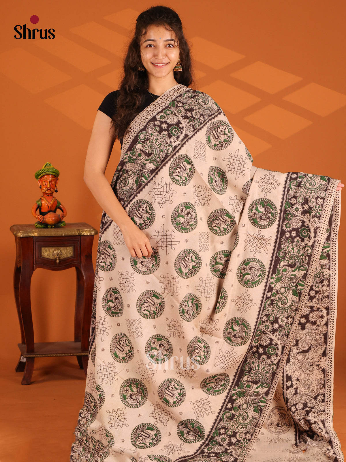 Cream & Black - Kalamkari cotton saree - Shop on Shrus.com