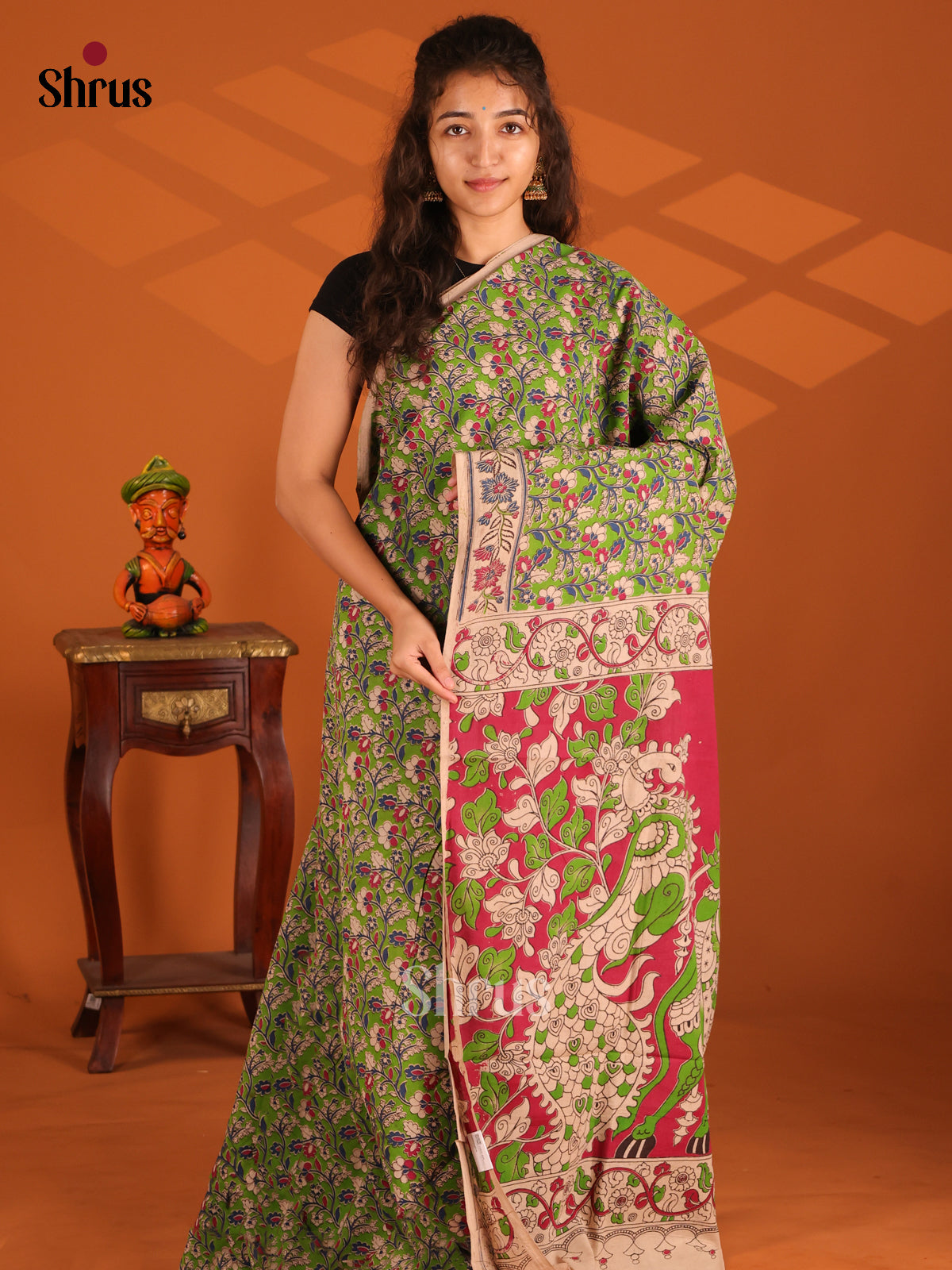 Green with Pink - Kalamkari cotton saree - Shop on Shrus.com