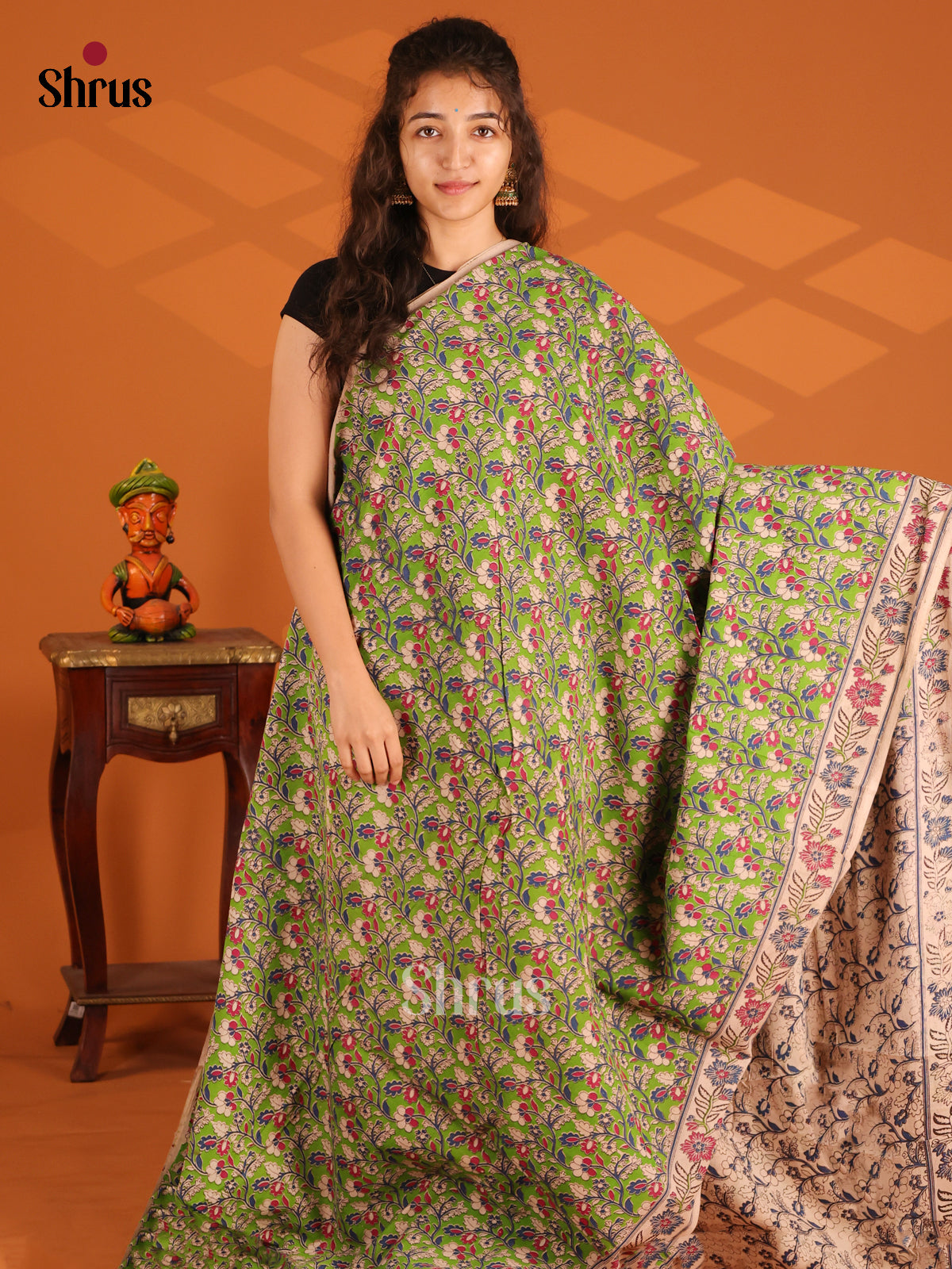 Green with Pink - Kalamkari cotton saree - Shop on Shrus.com