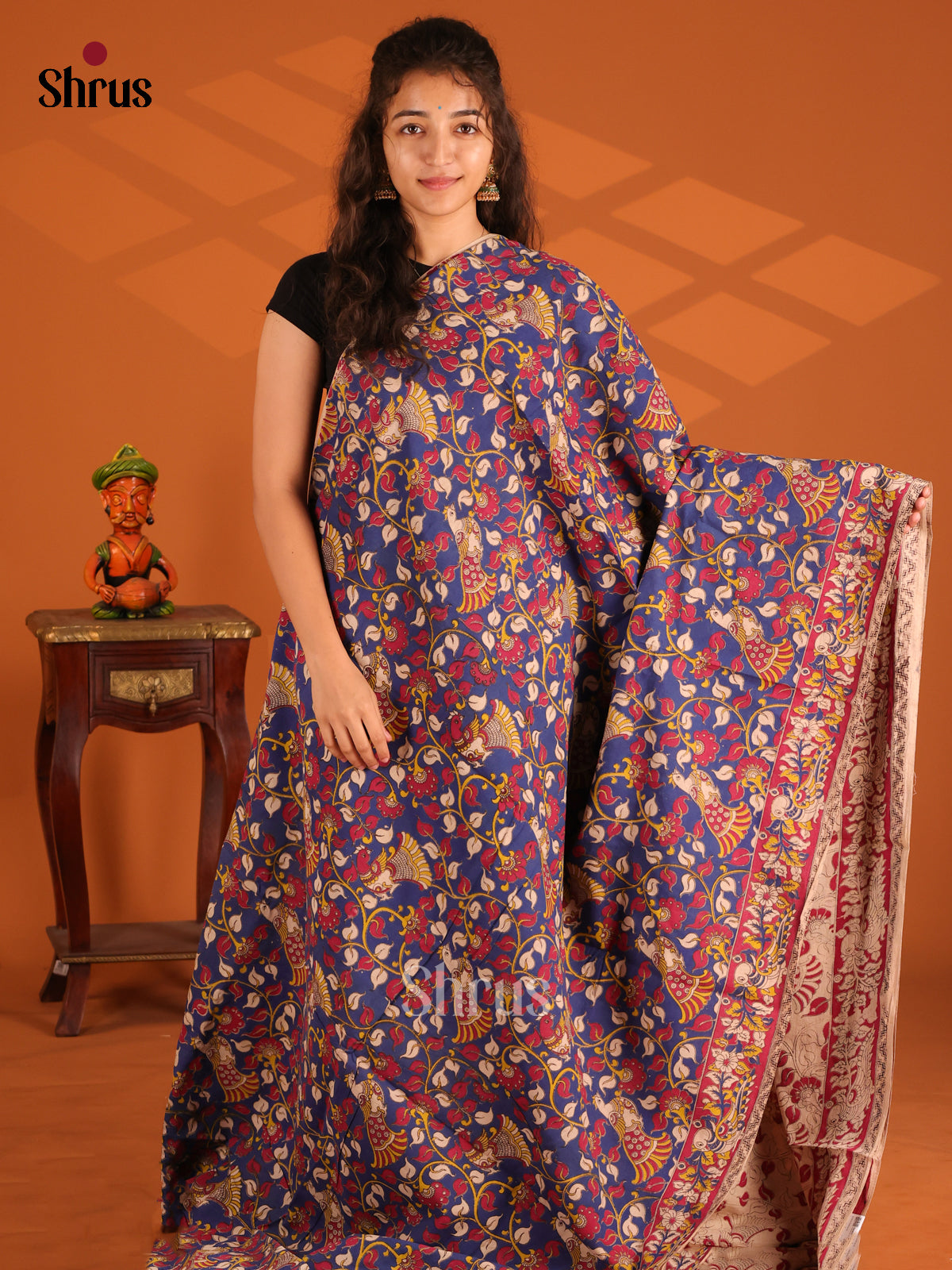 Blue & Red - Kalamkari cotton saree - Shop on Shrus.com