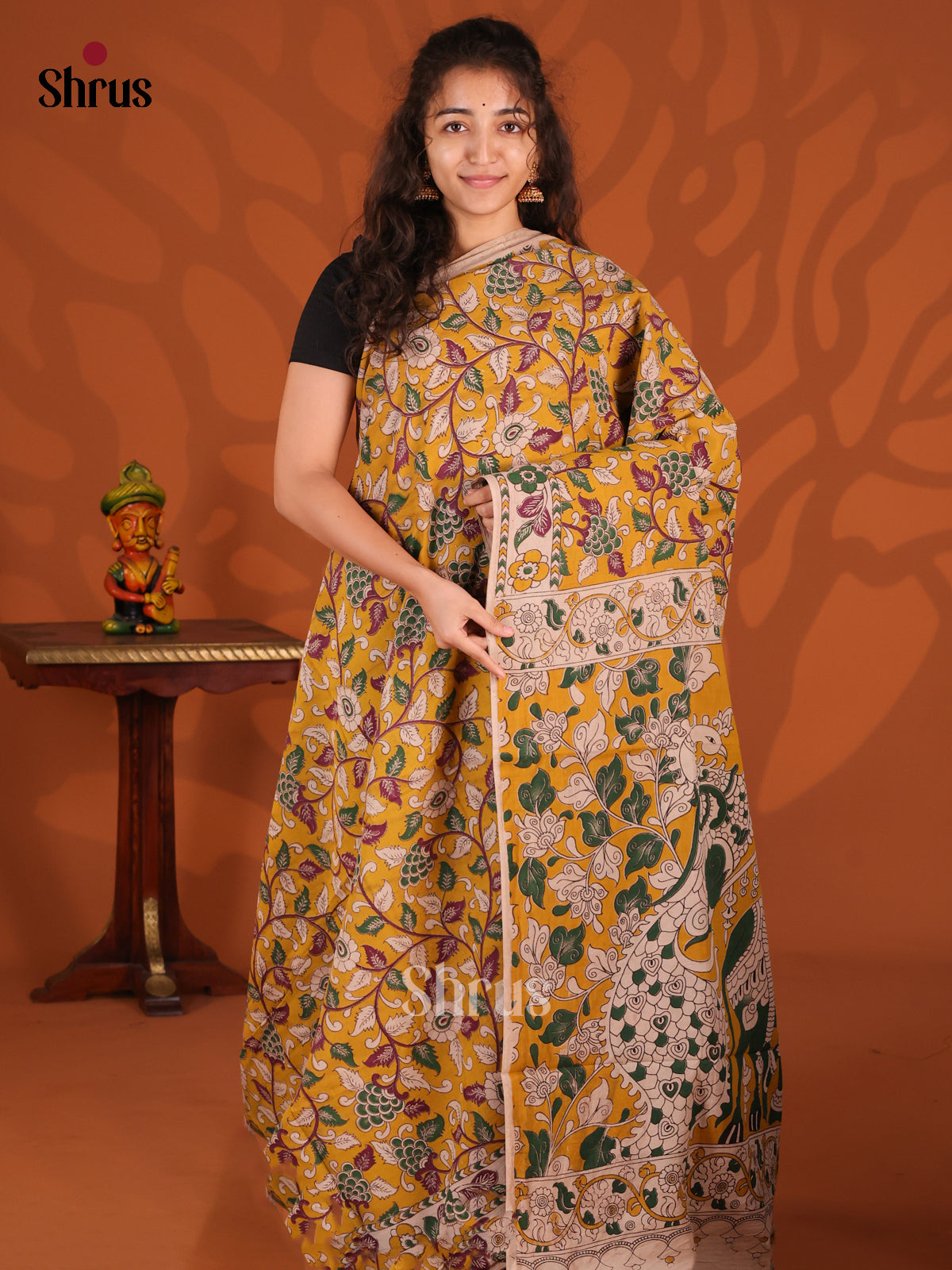 Mustard & Green- kalamkari-cotton Saree - Shop on Shrus.com