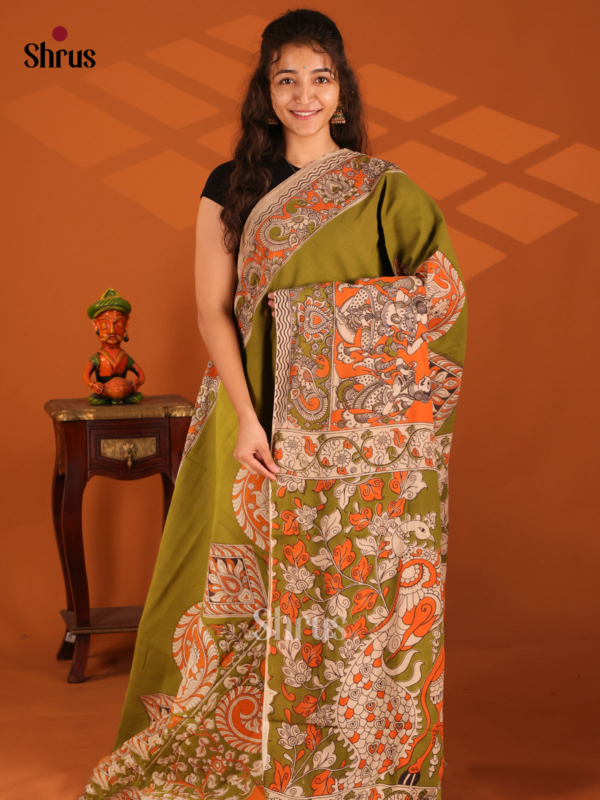 Green & Orange - Kalamkari cotton saree - Shop on Shrus.com