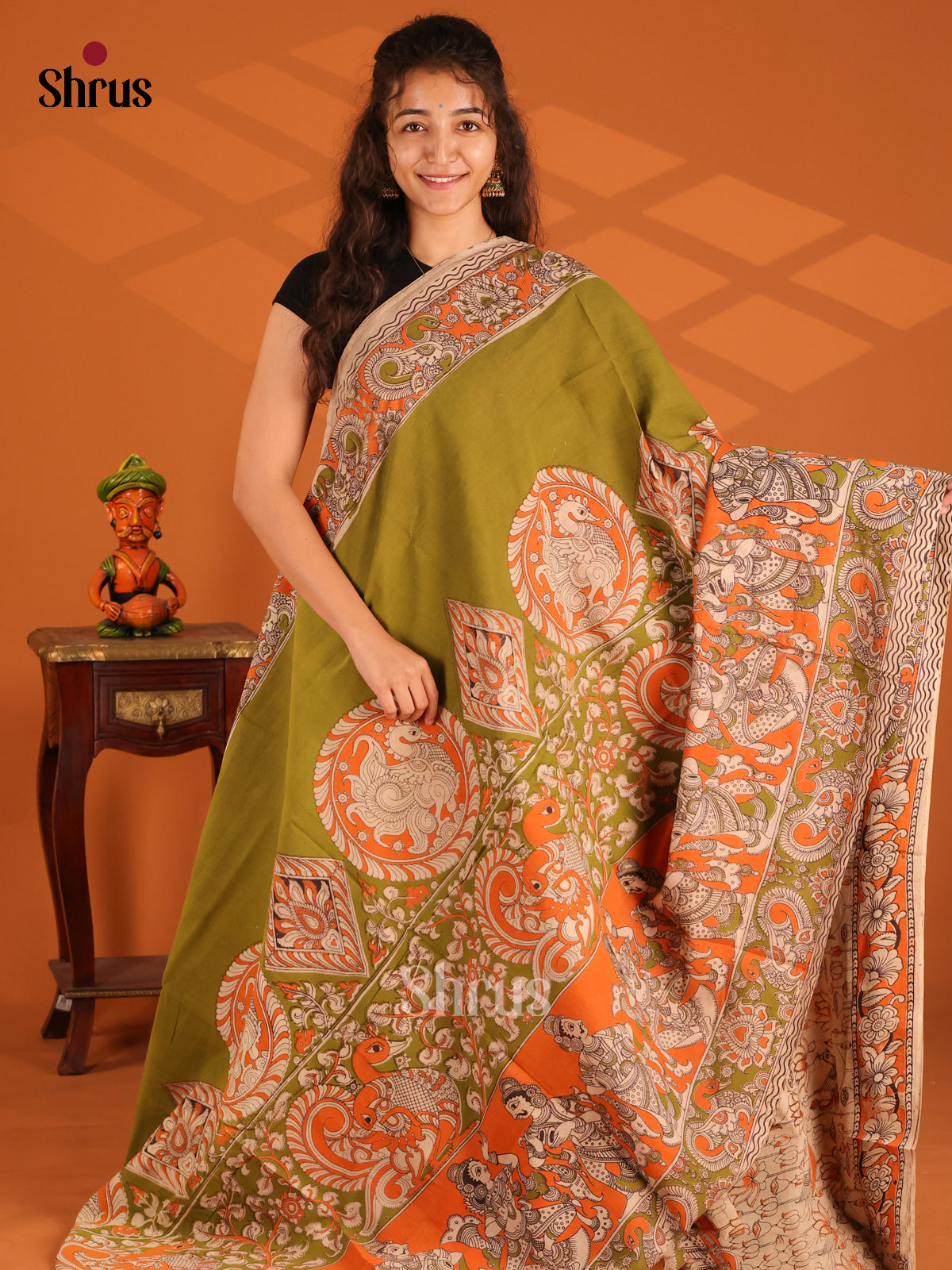Green & Orange - Kalamkari cotton saree - Shop on Shrus.com