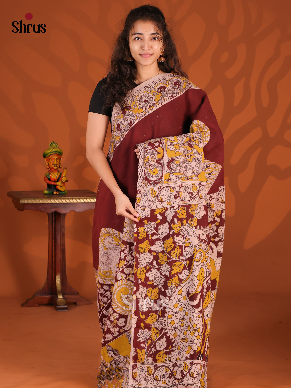 Maroon & Mustard- kalamkari-cotton Saree - Shop on Shrus.com
