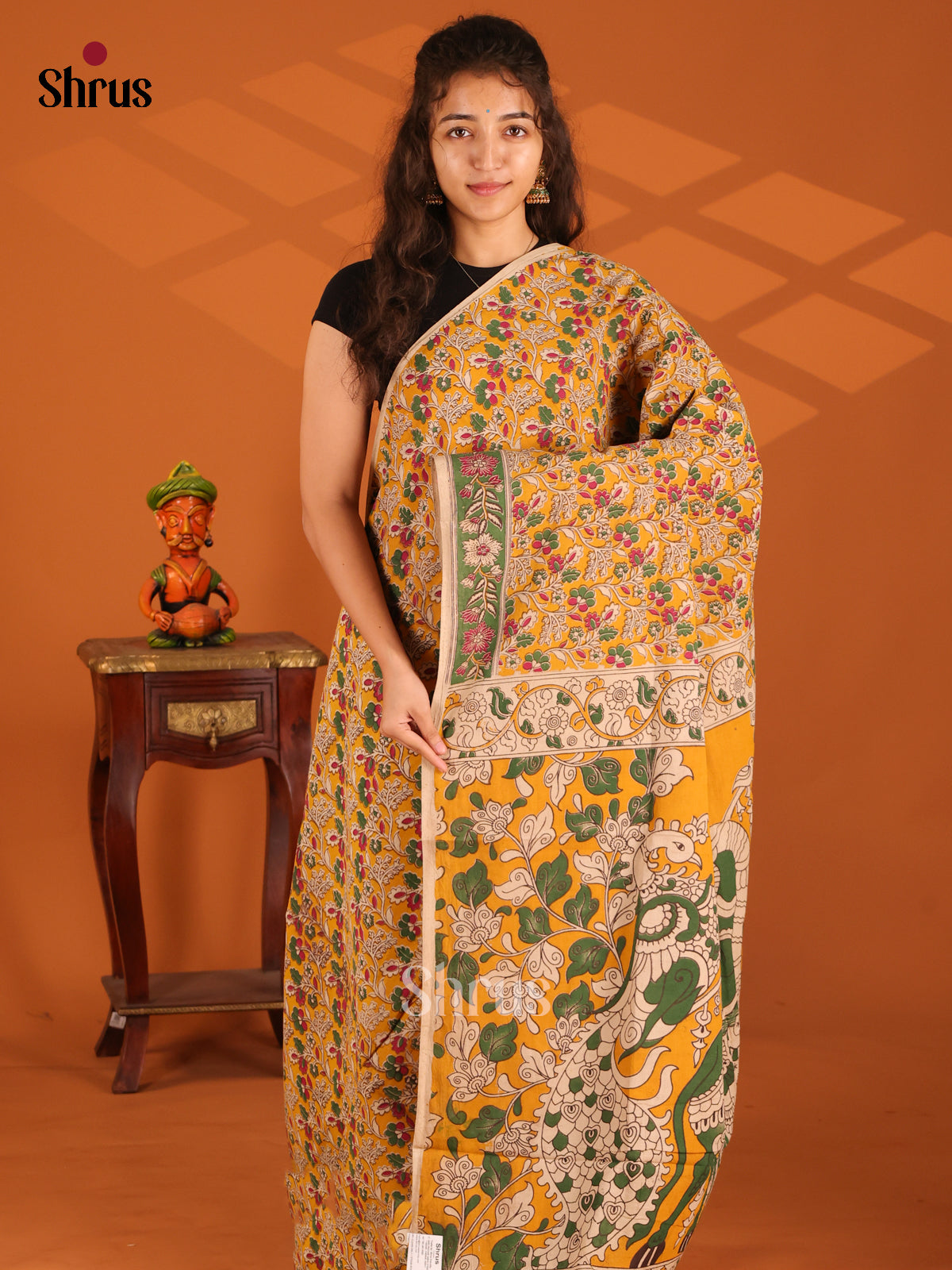 Yellow & Green - Kalamkari cotton saree - Shop on Shrus.com