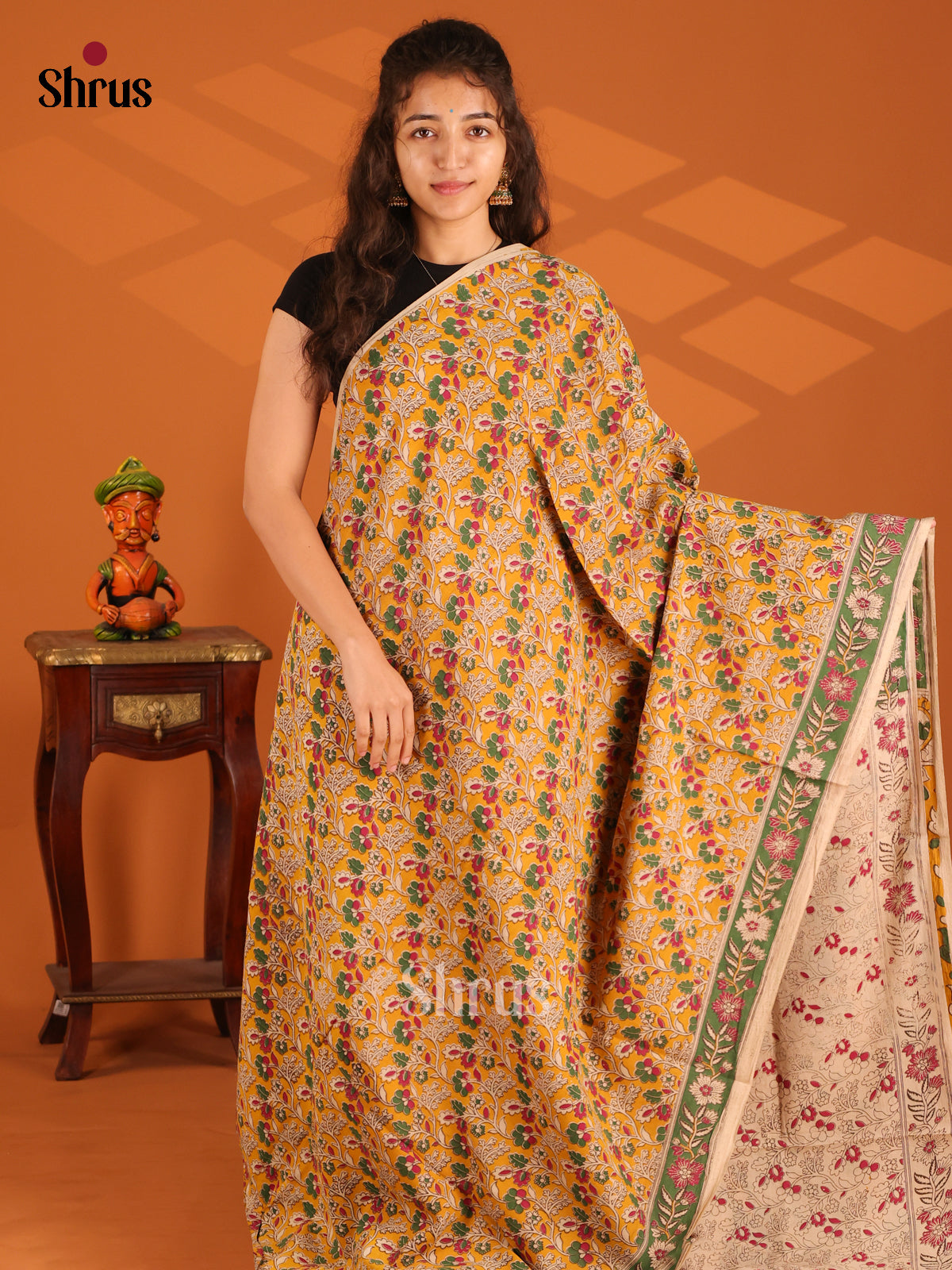 Yellow & Green - Kalamkari cotton saree - Shop on Shrus.com