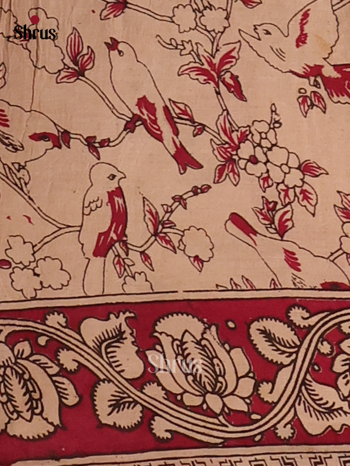Lite Green &  Red - Kalamkari cotton saree - Shop on Shrus.com
