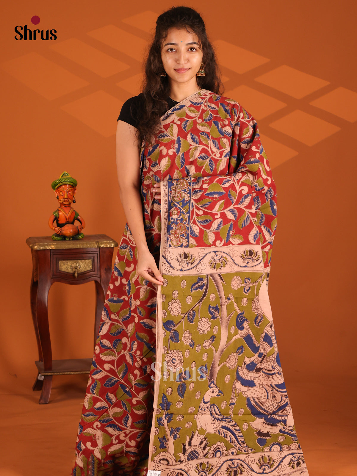 Red & Green- Kalamkari cotton saree - Shop on Shrus.com