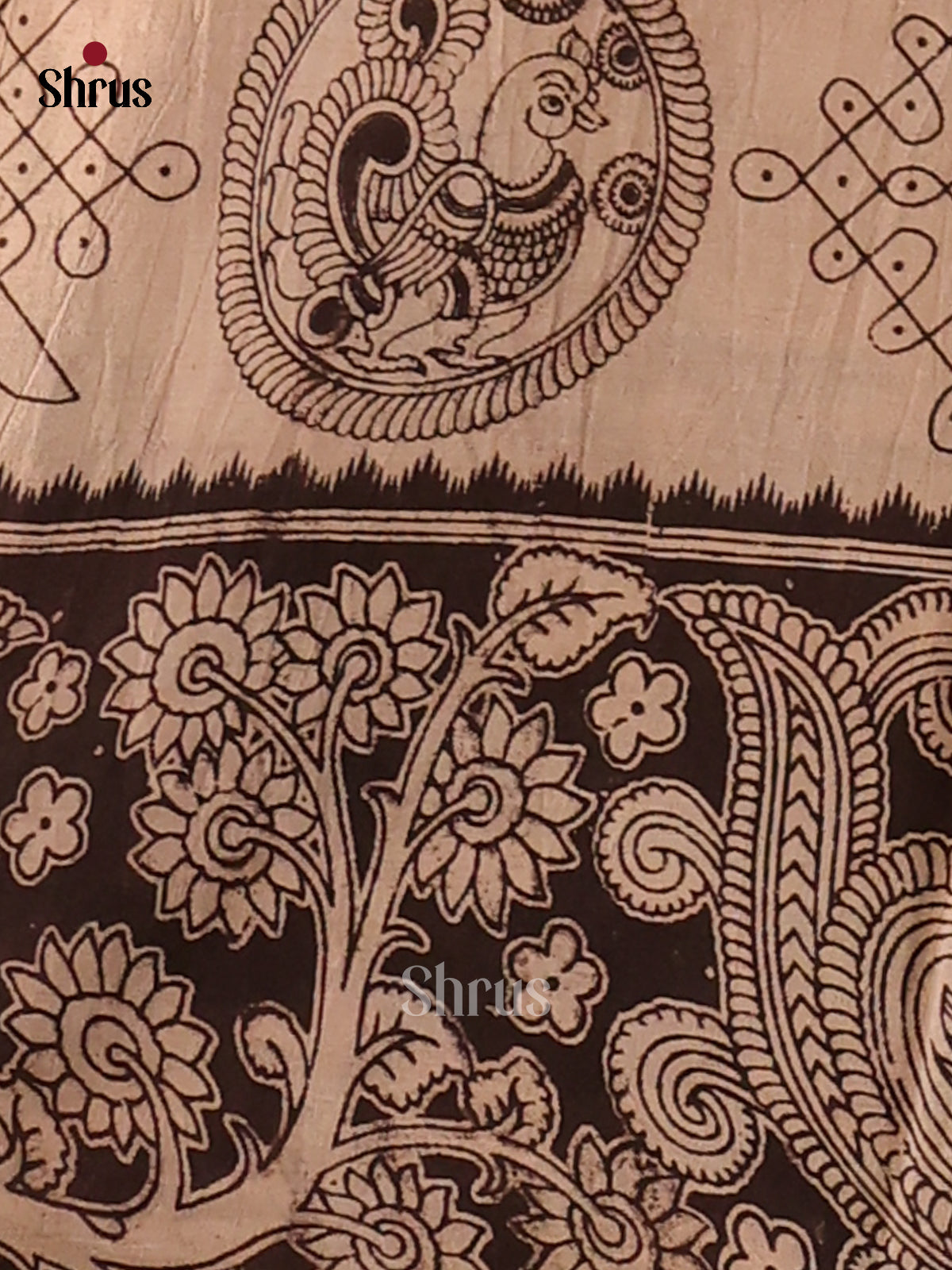 Cream & Black  - Kalamkari cotton saree - Shop on Shrus.com