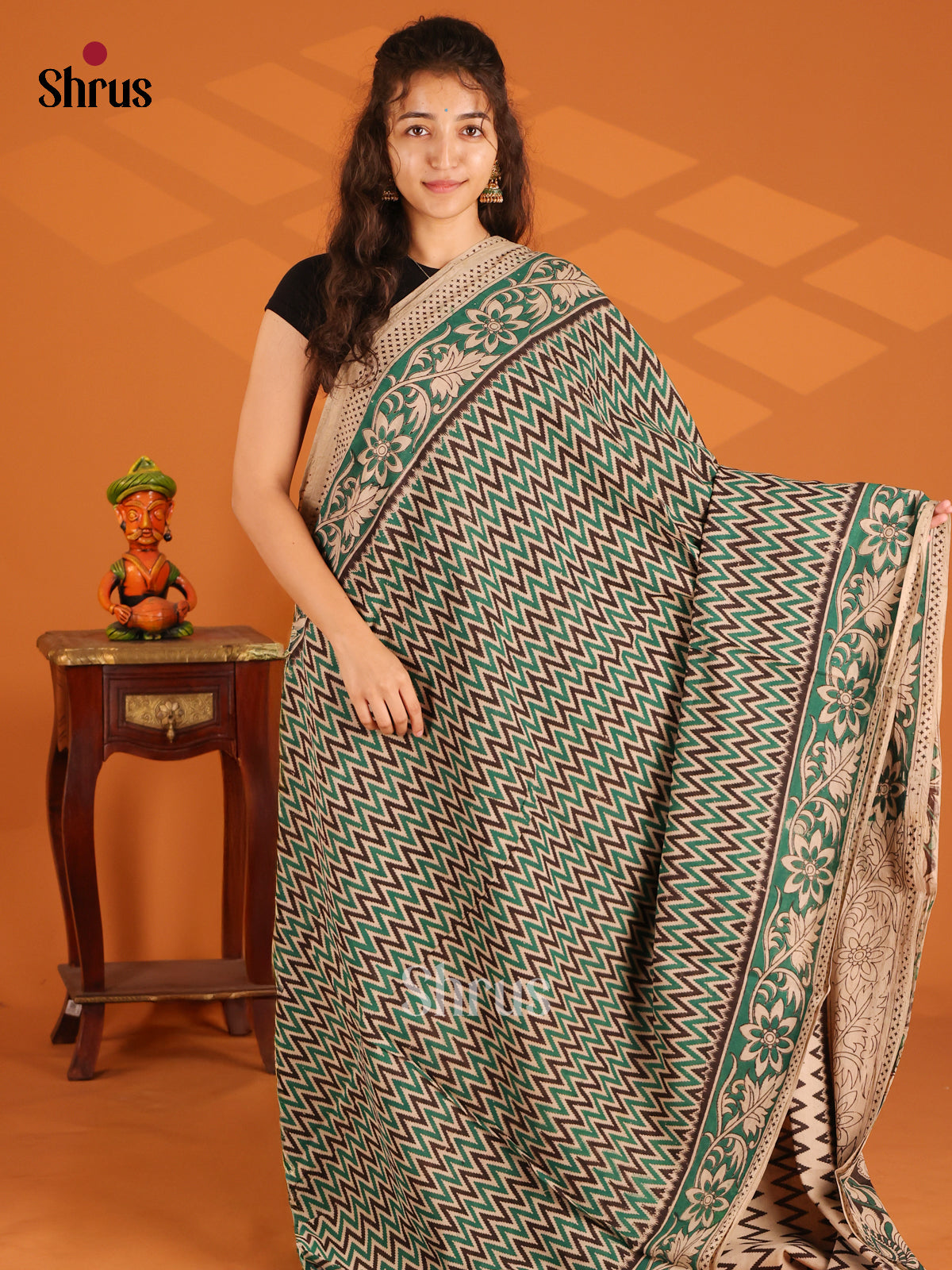 Cream & Green- Kalamkari cotton saree - Shop on Shrus.com
