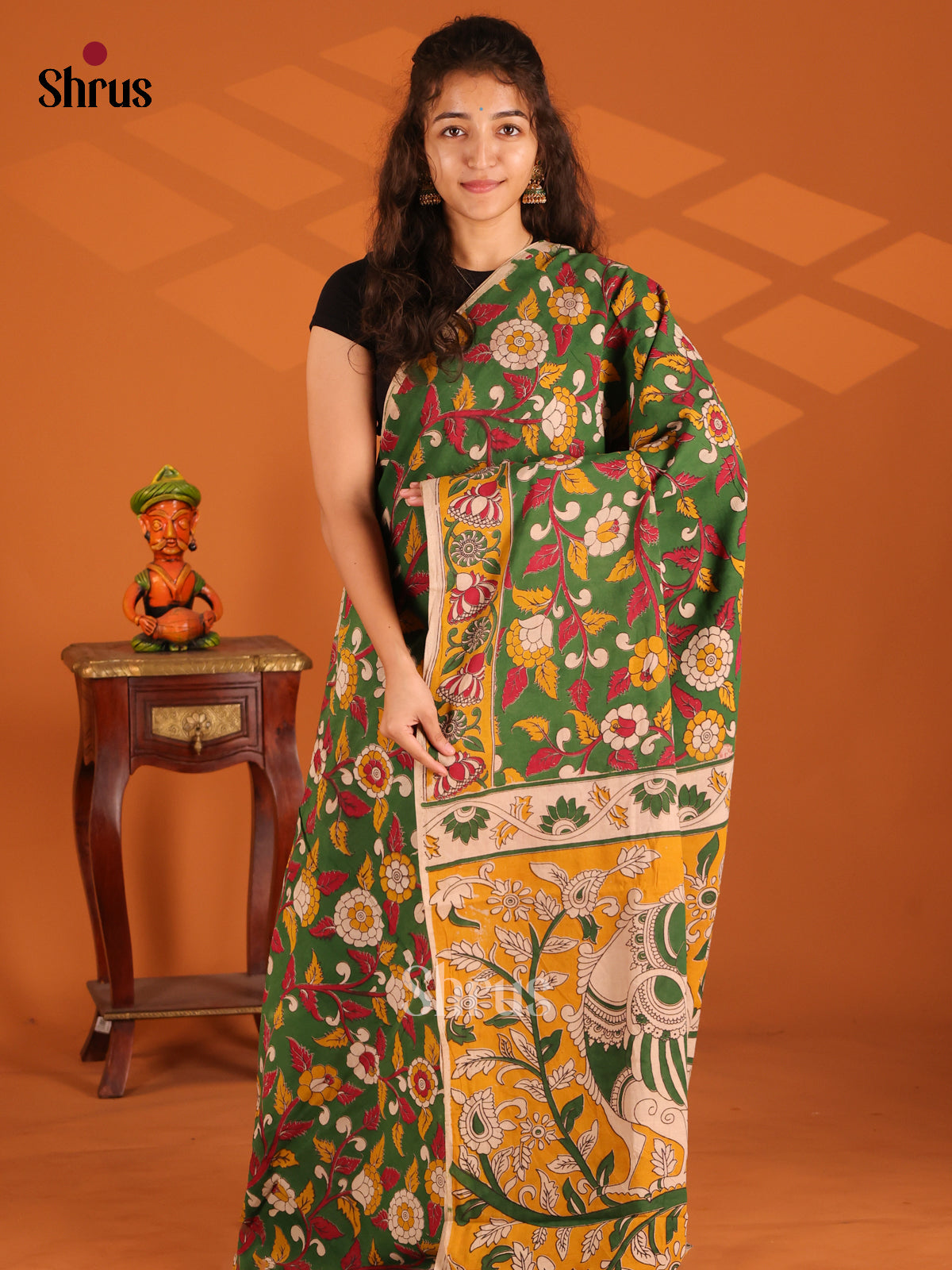 Green & Yellow - Kalamkari cotton saree - Shop on Shrus.com