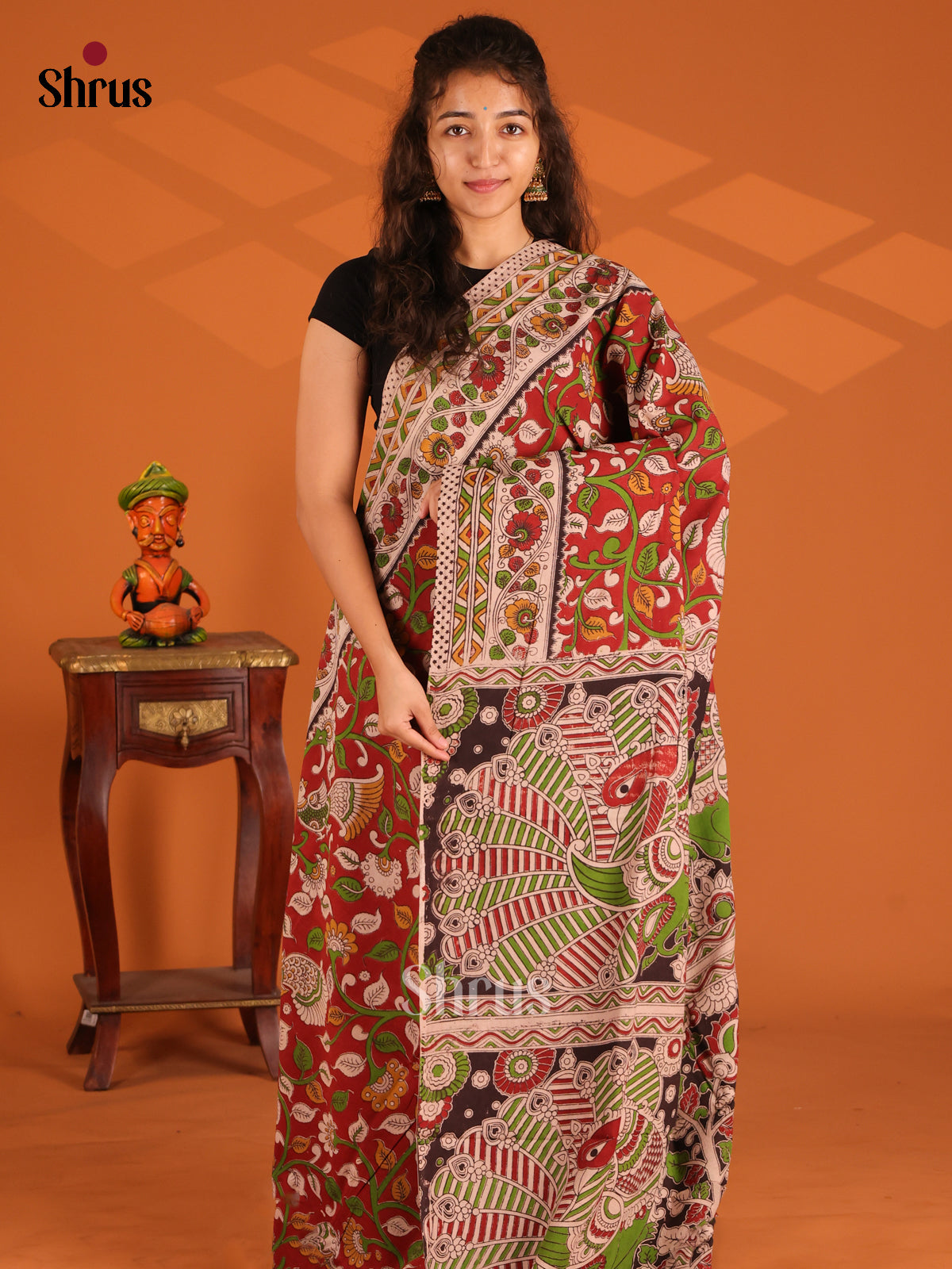 Red & Cream - Kalamkari cotton saree - Shop on Shrus.com