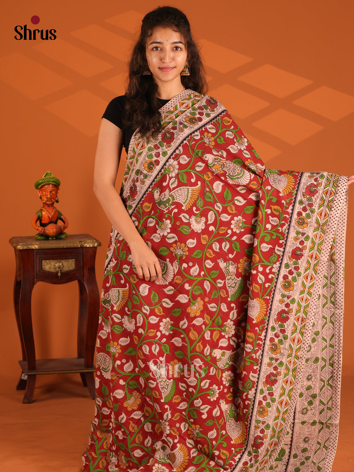 Red & Cream - Kalamkari cotton saree - Shop on Shrus.com