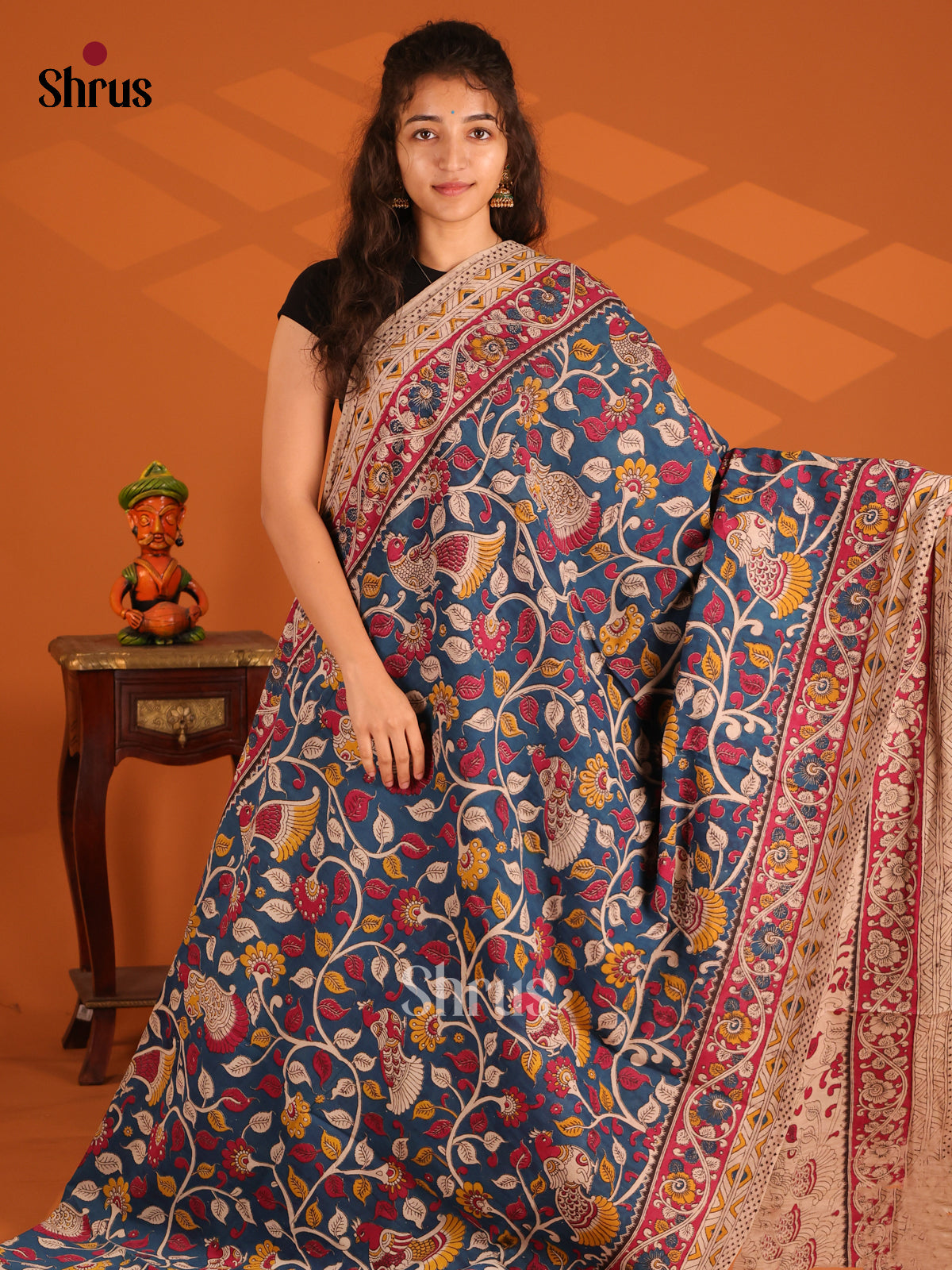 Blue & Cream - Kalamkari cotton saree - Shop on Shrus.com
