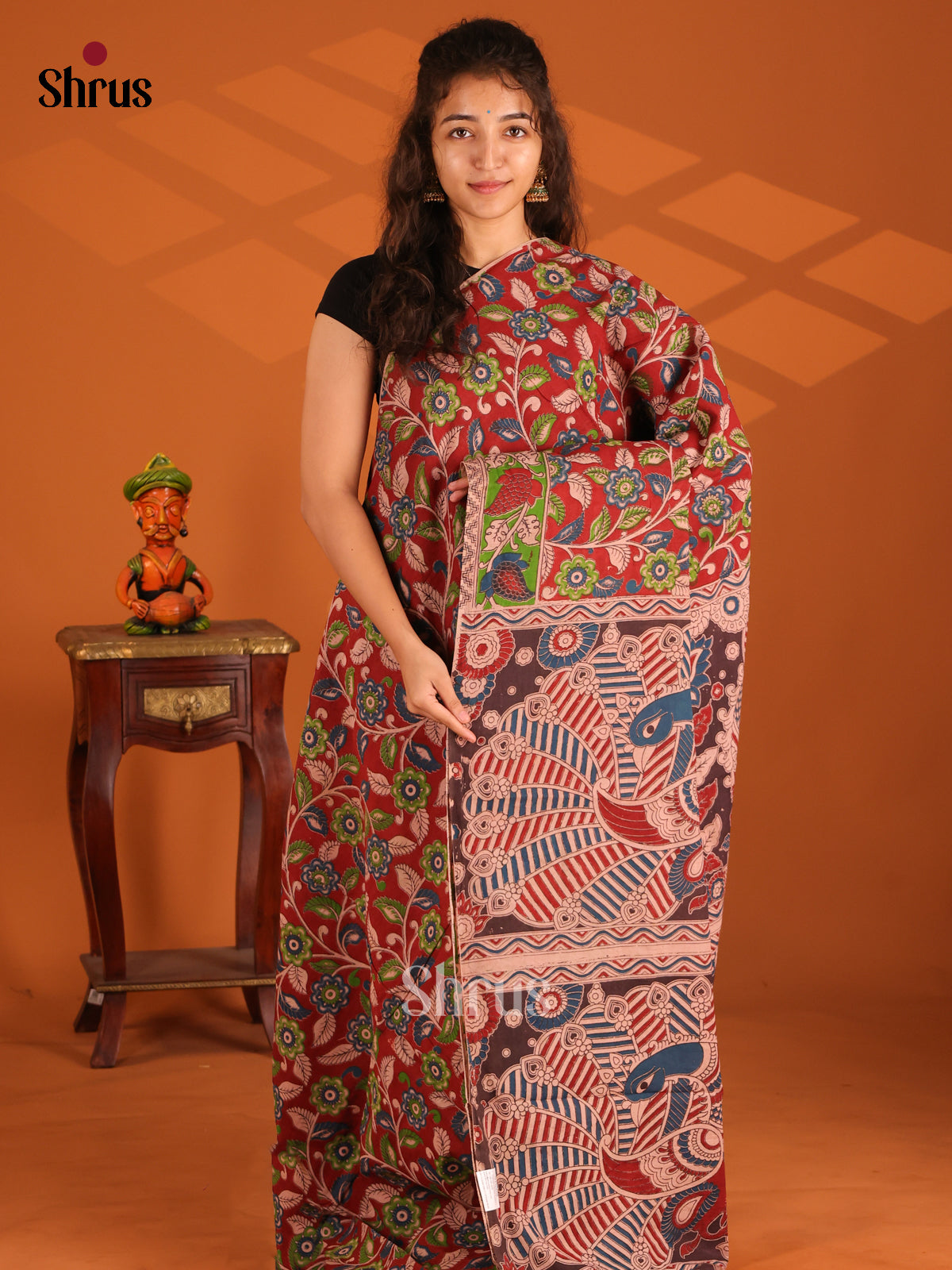 Red & Cream - Kalamkari cotton saree - Shop on Shrus.com